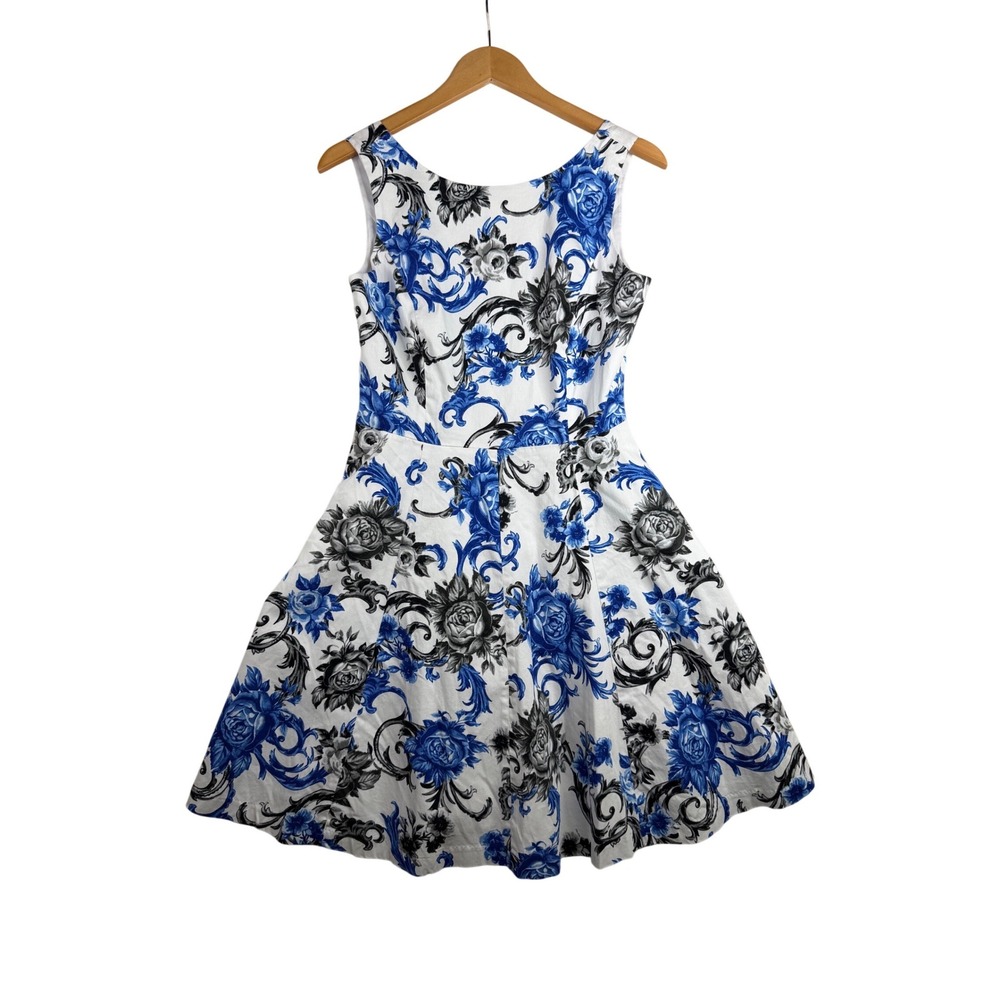 Premise‎ Floral Print Fit and Flare Sleeveless Dress size 6 White/Blue/Black